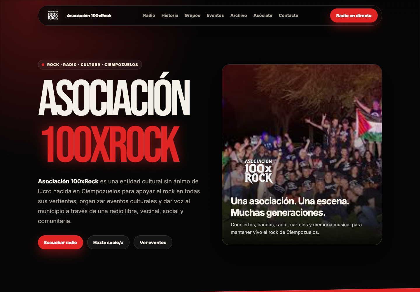 Inicio de la web de la asociación 100xRock