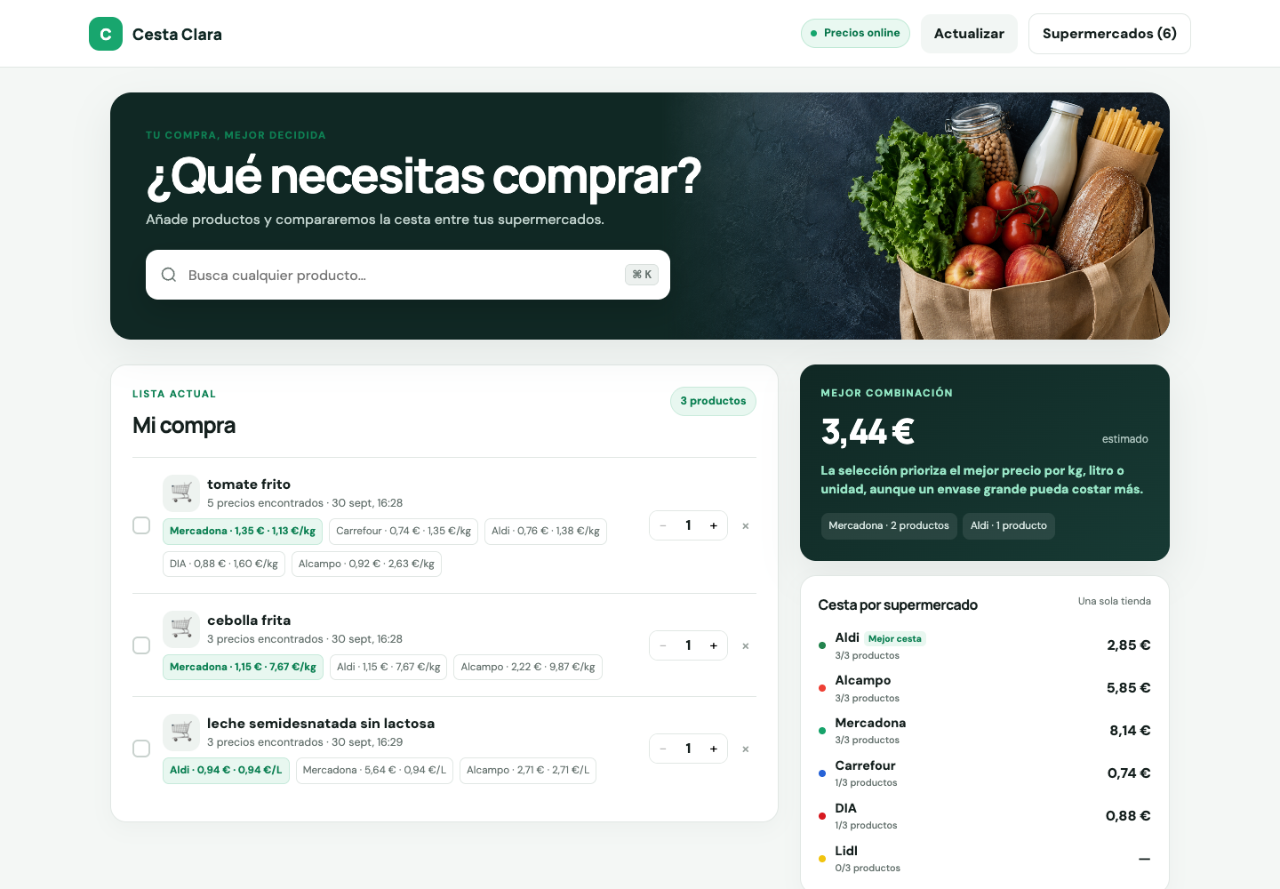 Cesta Clara: lista de compra y comparación por supermercado
