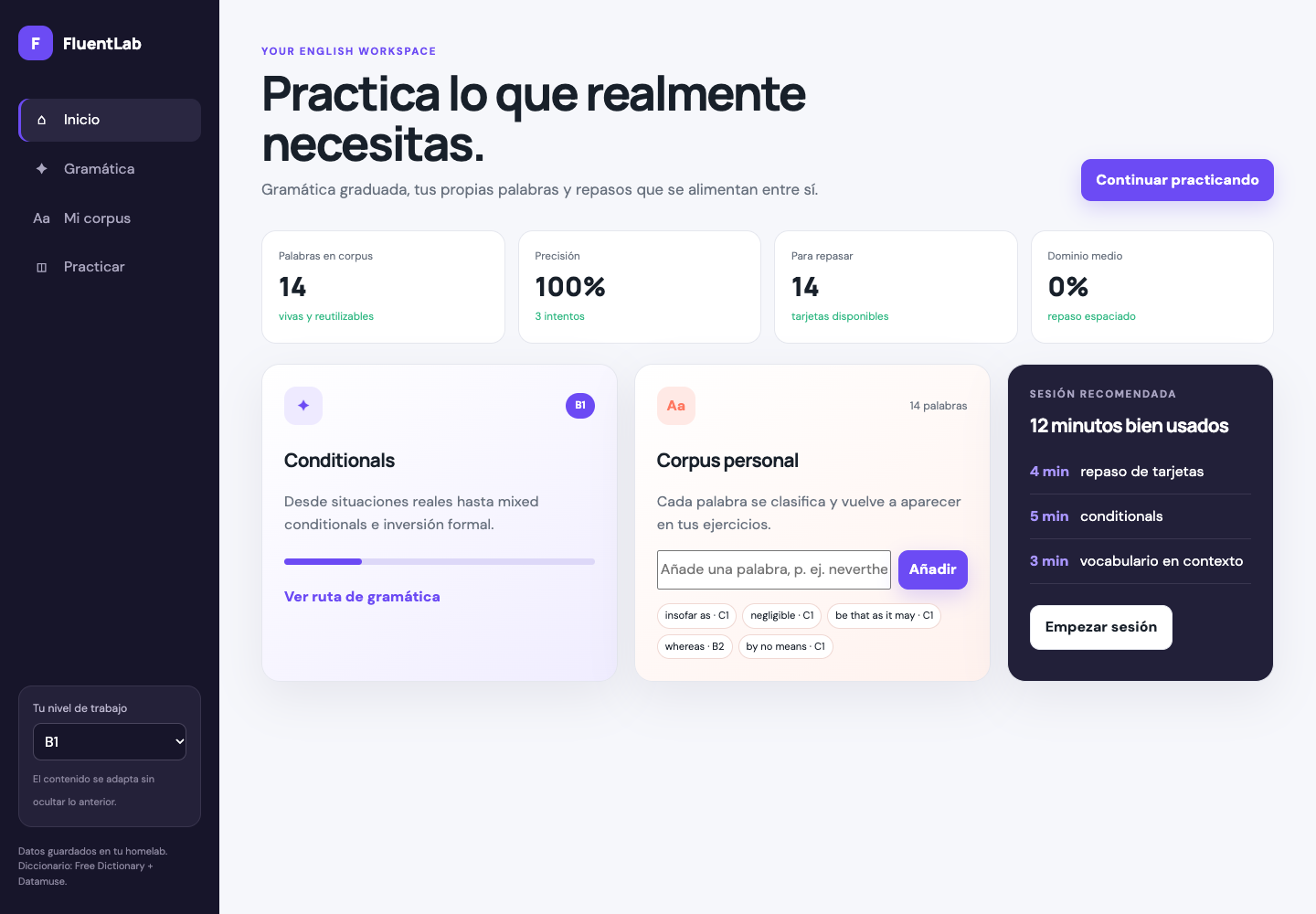 Panel de FluentLab con gramática, vocabulario y práctica
