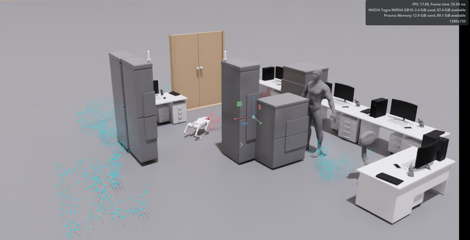Gemelo digital del laboratorio en NVIDIA Isaac Sim: robot Unitree Go2, nube de puntos y persona representada en la escena